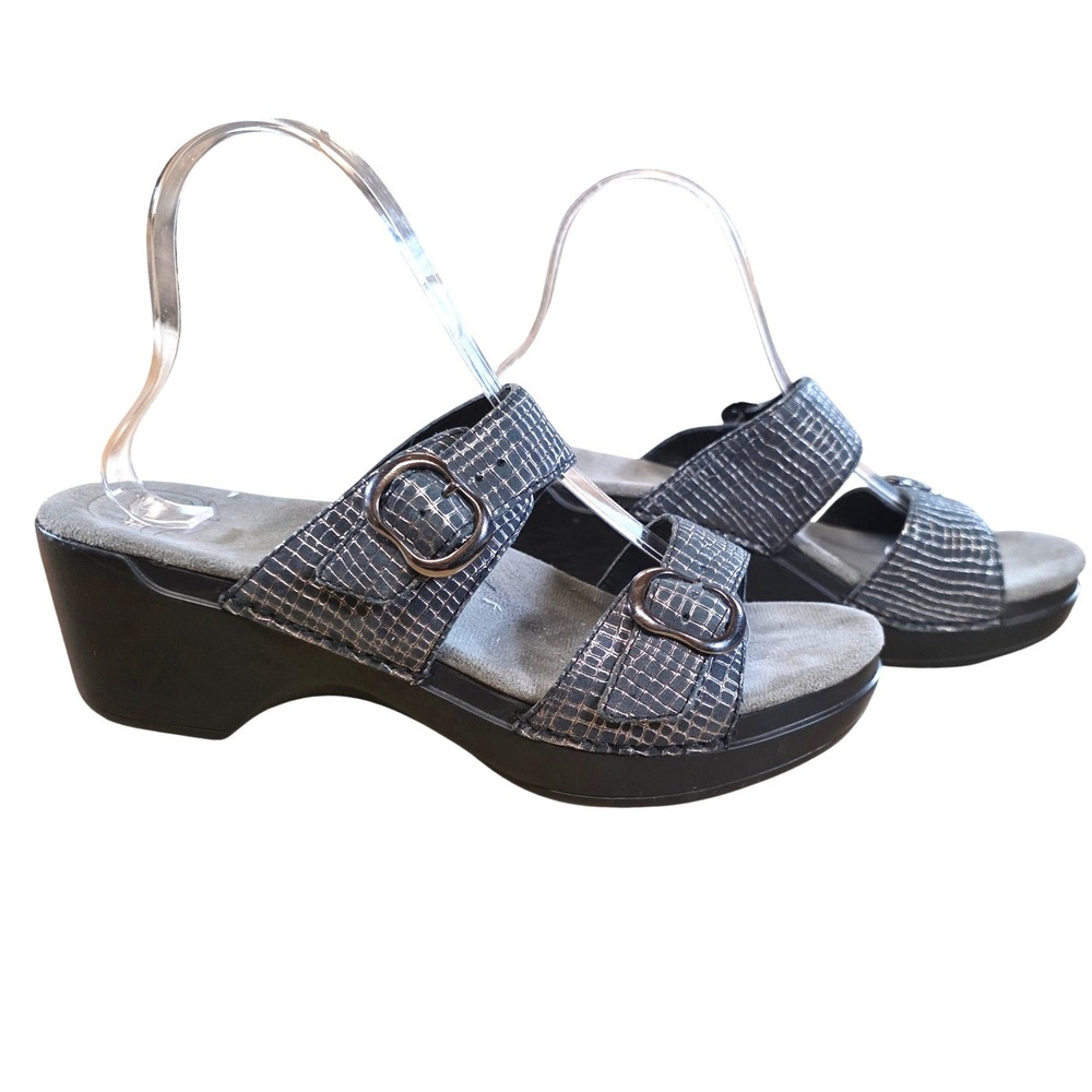 Dansko Sophie Women Size 40 Pewter Gray‎ Leather Double Buckle Wedge Sandals